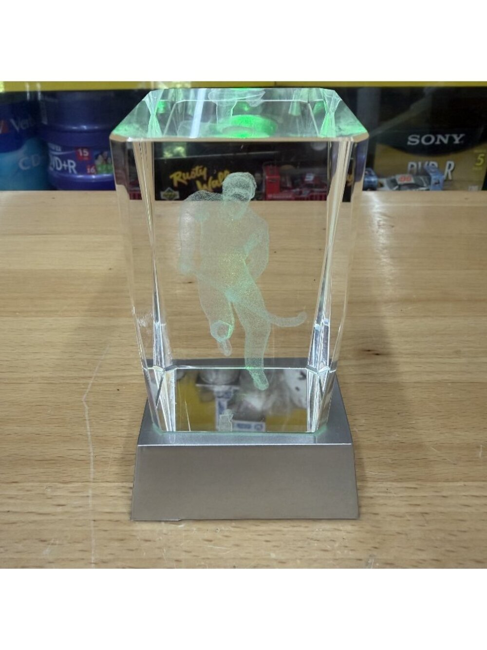 Laser Etched 3D Crystal Paperweight Man Hockey Player 3.35"x 2"